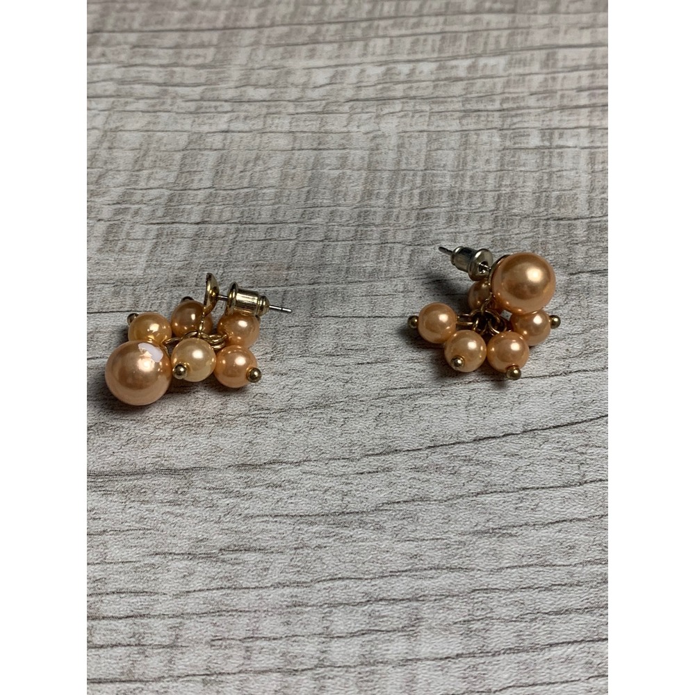 Champagne Faux Pearl Cluster Stud Earrings Gold Tone Post Back Peach Pink 3726